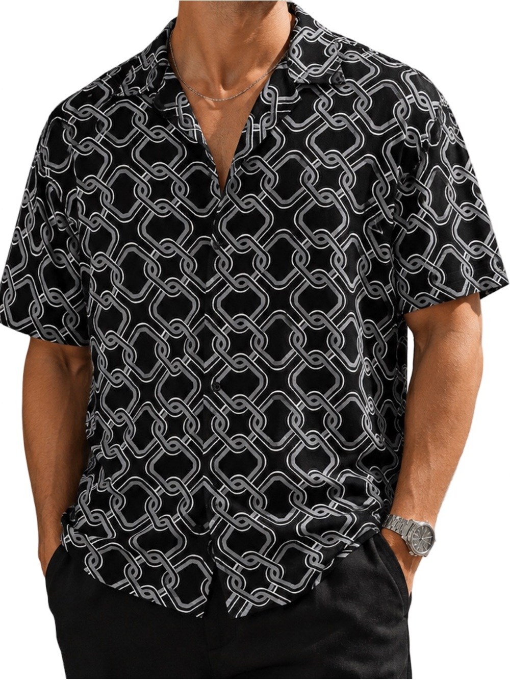 Saints Studio XL Black Gray Chain Print Resort Cabana Button Up Shirt NWT